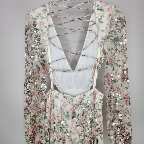 NWT Mac Duggal Sequined Floral Print Cut Out Lace Up Gown Size 6 - Picture 12 of 17